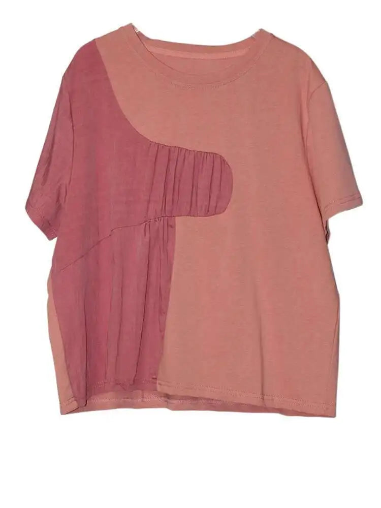 Women White Pleated Spliced Big Size Casual T-shirt New Round Neck Short Sleeve Fashion Tide Spring Summer 2025 1DJ0615