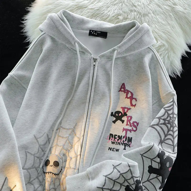 Spider Print Harajuku Sweatshirts Coats Women Clothes Streetwear BF Hoodies Chic Hooded Y2k Tops Casual Zipper Oversized Hoodie
