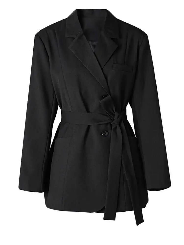 Women Beige Belted Pocket Big Size Elegant Blazer New Lapel Long Sleeve Jacket Fashion Tide Spring Autumn 2025 CPG2777