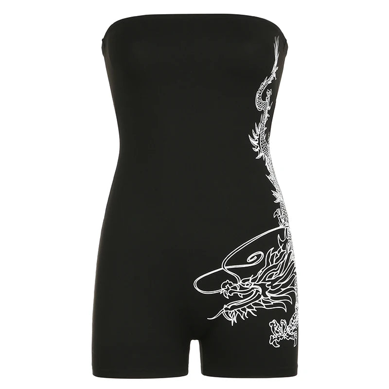 Streetwear Dragon Printed Fitness Summer Playsuit Women Strapless Fashion Gothic Dark One Piece Bodysuit Rompers Hot