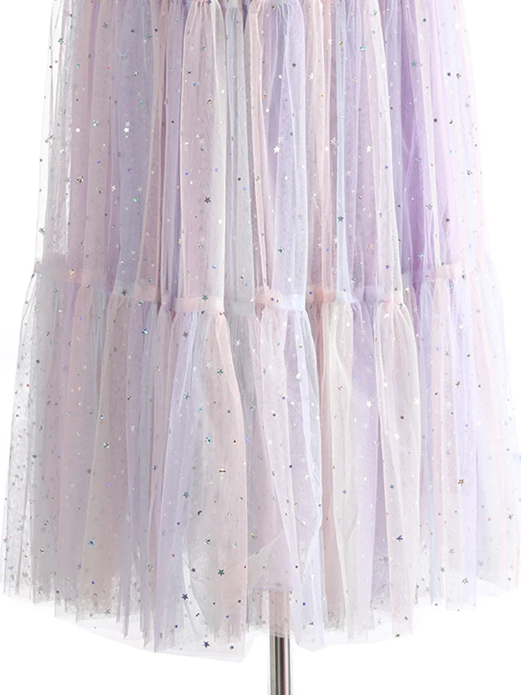 High Elastic Waist Red Gradual Color Sequins Ball Gown Half-body Skirt Women Fashion Tide New Spring Autumn 2025 1DJ1273