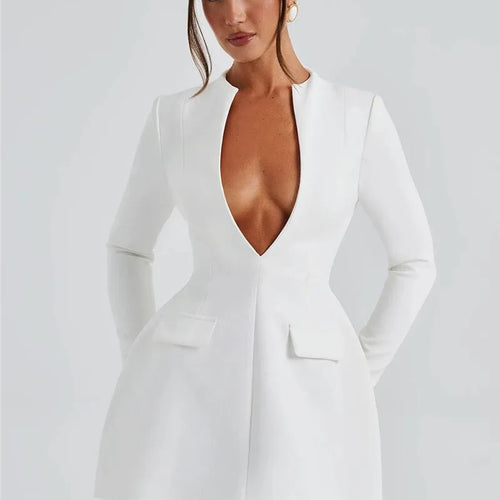 Load image into Gallery viewer, Deep V Neck Long Sleeve Sexy Mini Dress For Women Fashion Two Pocket High Waist A-line Club Party Sexy Dress Elegant
