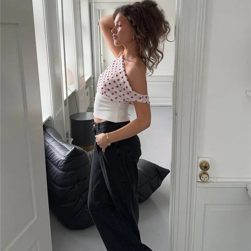 Load image into Gallery viewer, Backless Polka Dot Crop Tops Women Vest Fashion Summer New Oblique Shoulder Sleeveless Tank Tops Pullovers Female
