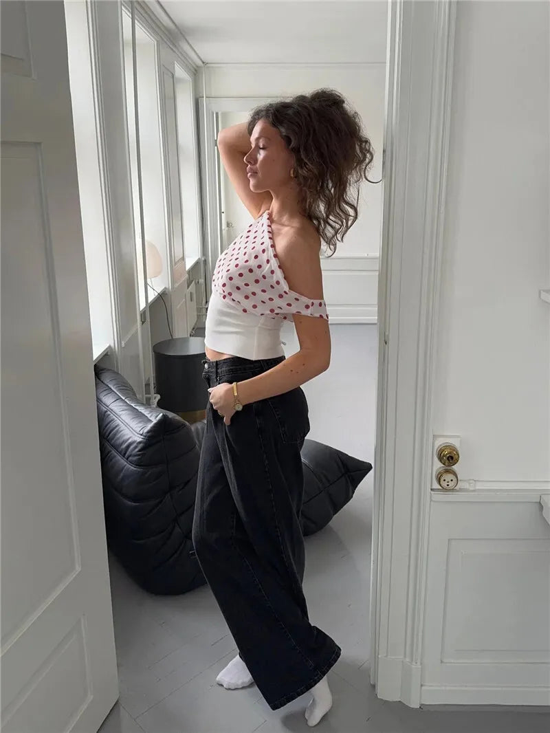 Backless Polka Dot Crop Tops Women Vest Fashion Summer New Oblique Shoulder Sleeveless Tank Tops Pullovers Female