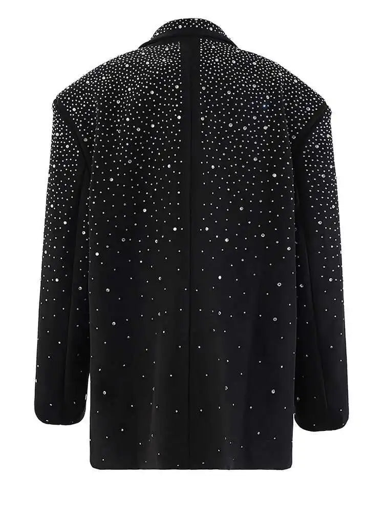 Women Black Rhinestones Shining Big Size Elegant Blazer New Lapel Long Sleeve Jacket Fashion Spring Autumn 2025 CPG2248