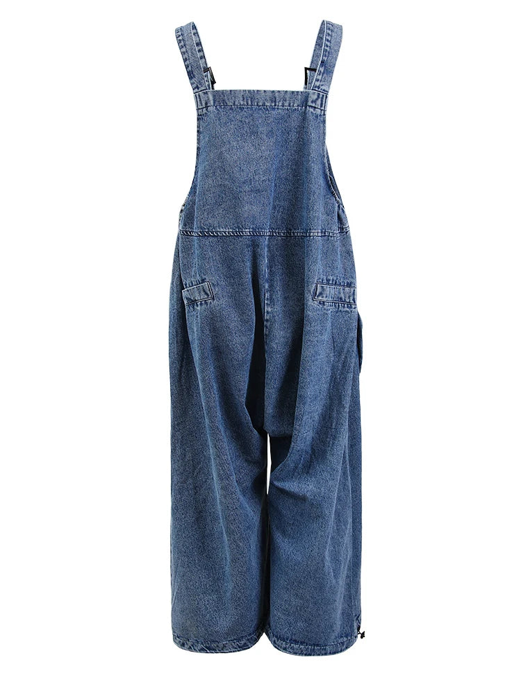 High Waist Blue Pocket Big Size Denim Overalls Trousers New Loose Fit Pants Women Fashion Tide Spring Autumn 2025 1K16401