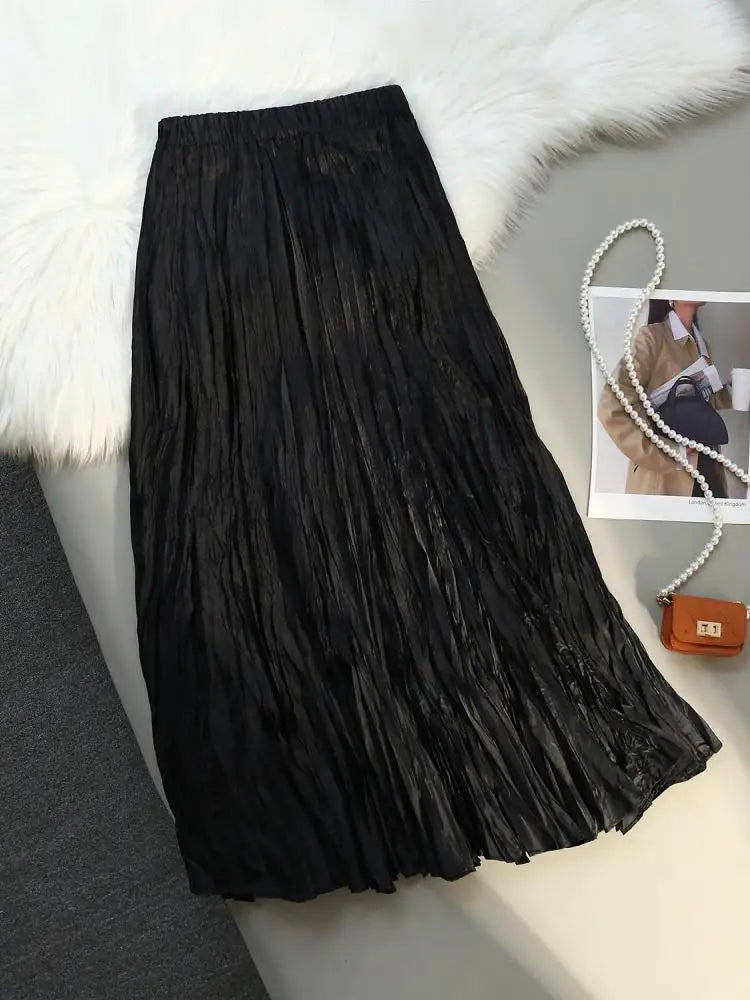 Women Elastic Waist Half Length Skirt Summer Solid Pleated Midi Vintage Sexy Club Skirts Fashion Romantic Simplicity Ladies Boho