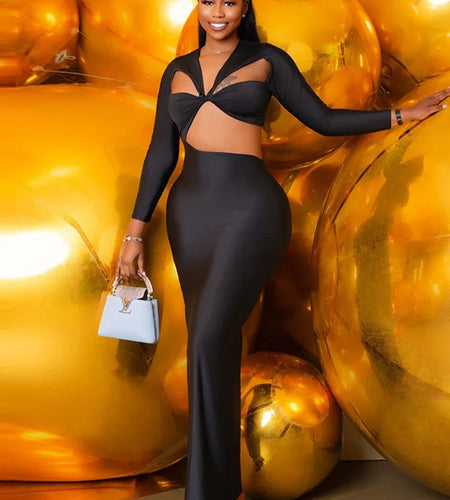 Sexy Hollow Out Elastic Slim Dress Women Patchwork Long Sleeved Tight Solid Color Pullover Formal Party Evening Dress