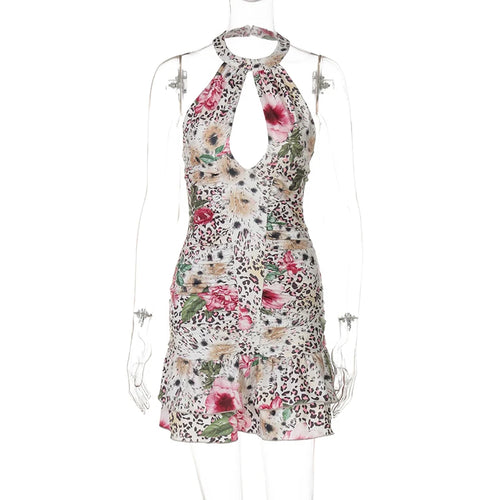 Load image into Gallery viewer, Hollow Out Halter Print Mini Dress For Women Robe Fashion Sleeveless Backless High Waist Ruffled Club Party Dress
