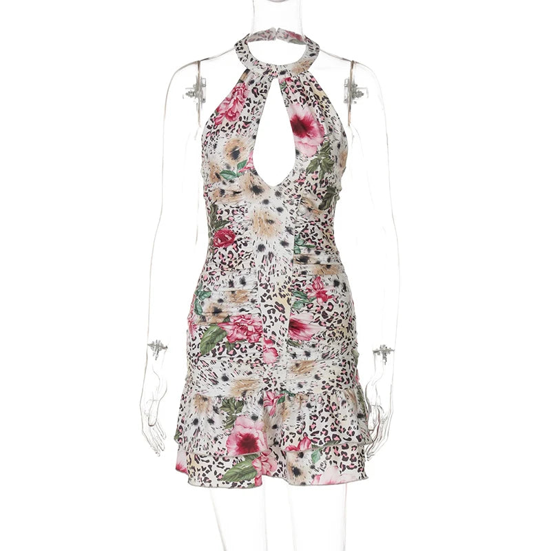 Hollow Out Halter Print Mini Dress For Women Robe Fashion Sleeveless Backless High Waist Ruffled Club Party Dress