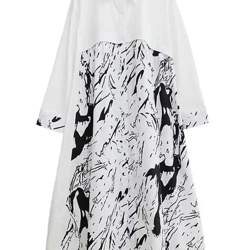 Load image into Gallery viewer, Women White Pattern Printed Big Size Casual Shirt Dress New Lapel Long Sleeve Fashion Tide Spring Autumn 2025 1DH4823
