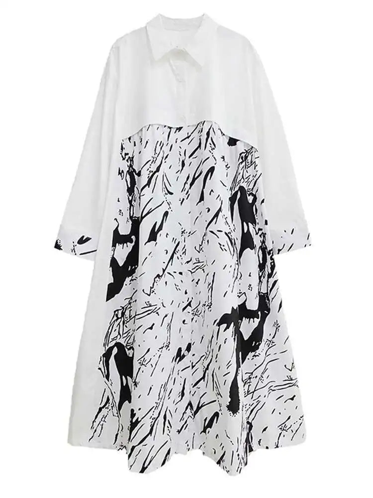 Women White Pattern Printed Big Size Casual Shirt Dress New Lapel Long Sleeve Fashion Tide Spring Autumn 2025 1DH4823