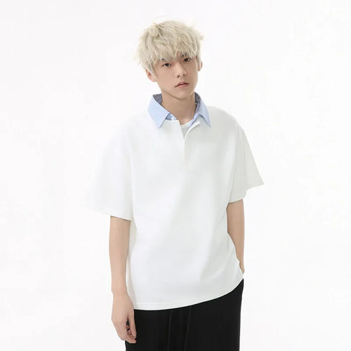 Load image into Gallery viewer, Men's Short Sleeve T-shirts Korean Simple Splicing Lapel Fake Two-piece Fashion Loose Male Clothing Pullover Top 9W1584
