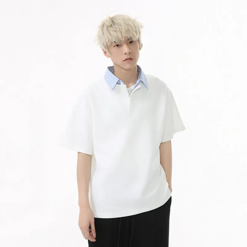 Men's Short Sleeve T-shirts Korean Simple Splicing Lapel Fake Two-piece Fashion Loose Male Clothing Pullover Top 9W1584