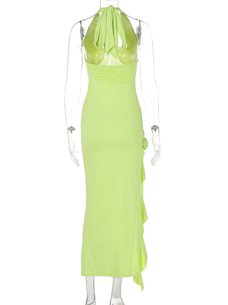 Flower Draped Split Long Dress For Women Fashion Halter Deep V Neck Sleeveless Backless Bodycon Club Party Long Dress