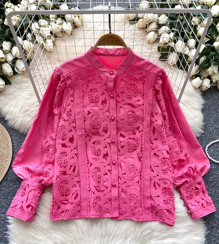French Women Solid Lace Single Breasted Shirt 2024 Spring Autumn Vintage Ladies Long Sleeve Festival Blouses Fashion Tops Simple