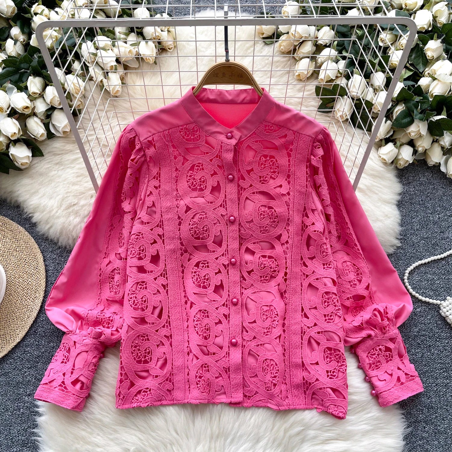 French Women Solid Lace Single Breasted Shirt 2024 Spring Autumn Vintage Ladies Long Sleeve Festival Blouses Fashion Tops Simple