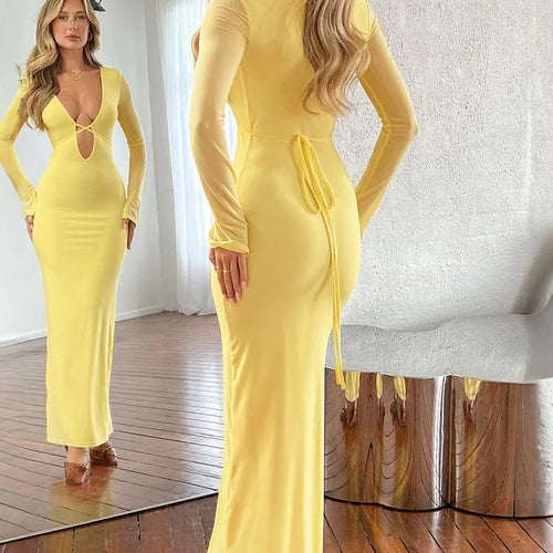 Load image into Gallery viewer, Sexy Mesh Patchwork Long Sleeved Women's Dress 2024 New Hollow Out Deep V-neck Lace Up Evening Dress Slim Party Vestido
