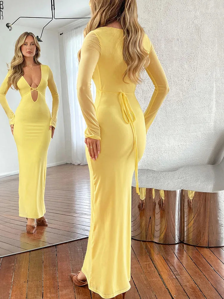 Sexy Mesh Patchwork Long Sleeved Women's Dress 2024 New Hollow Out Deep V-neck Lace Up Evening Dress Slim Party Vestido