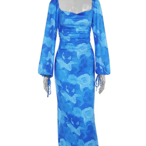 Load image into Gallery viewer, Blue Floral Print Sexy Maxi Dress For Women Gown Autumn New Square Collar Long Sleeve Lace-up Sexy Long Dress Elegant
