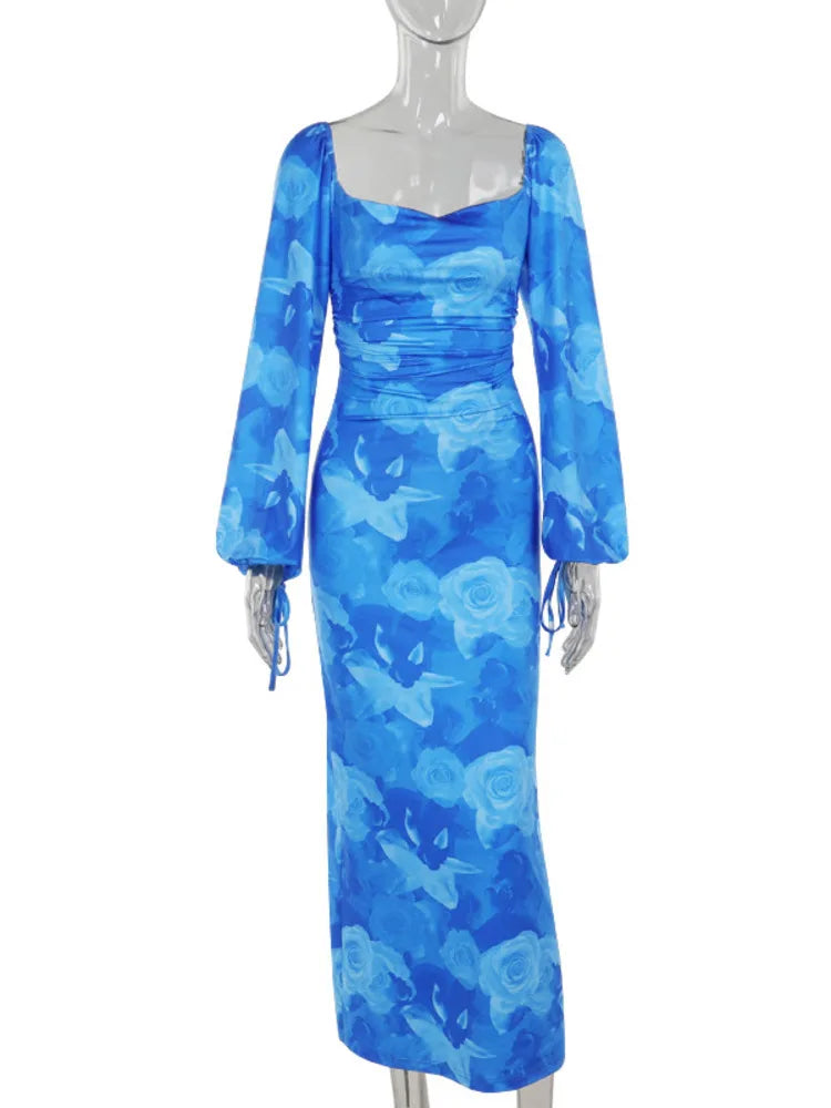 Blue Floral Print Sexy Maxi Dress For Women Gown Autumn New Square Collar Long Sleeve Lace-up Sexy Long Dress Elegant