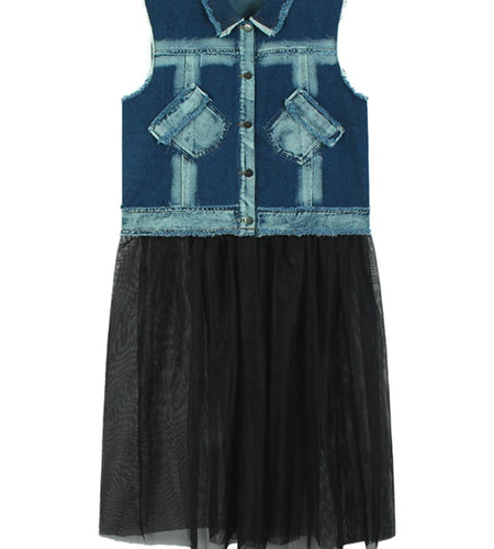 Women Black Denim Burr Mesh Spliced Big Size Vest Dress New Lapel Sleeveless Fashion Tide Spring Autumn 2025   1DJ1352