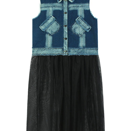 Load image into Gallery viewer, Women Black Denim Burr Mesh Spliced Big Size Vest Dress New Lapel Sleeveless Fashion Tide Spring Autumn 2025   1DJ1352
