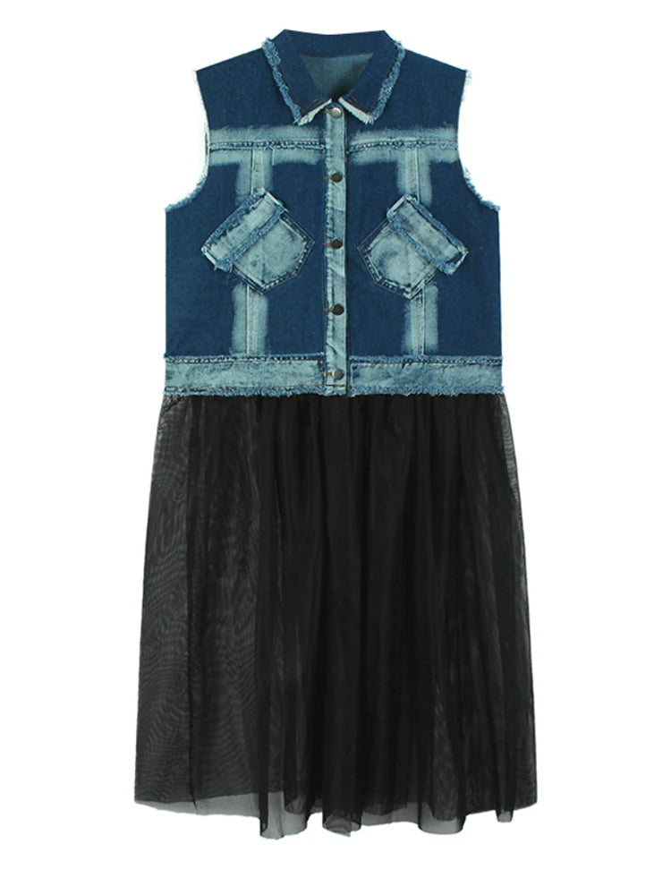 Women Black Denim Burr Mesh Spliced Big Size Vest Dress New Lapel Sleeveless Fashion Tide Spring Autumn 2025   1DJ1352