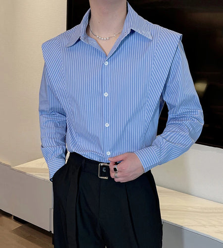Men's Long Sleeved Shirts Spring Korean Striped Casual Design Male Turn-down Collar Fake Two-piece Patchwork Shirt 9W1416
