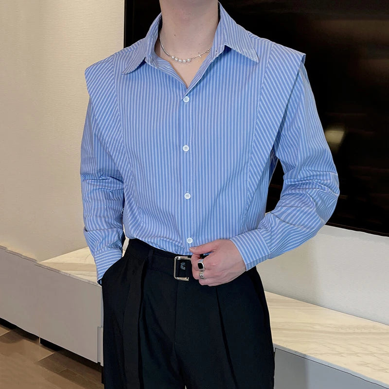 Men's Long Sleeved Shirts Spring Korean Striped Casual Design Male Turn-down Collar Fake Two-piece Patchwork Shirt 9W1416