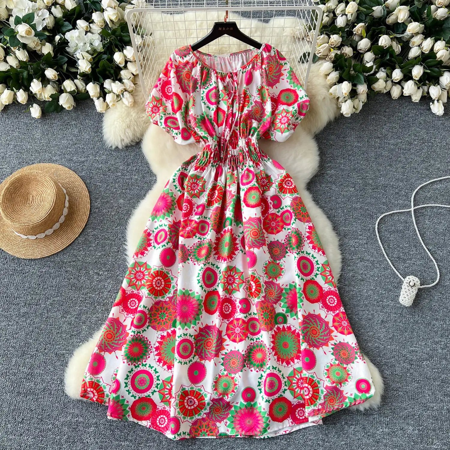 French Retro Women Print Vacation Long Dress 2024 Summer High Waist Round Neck Short Sleeved Lace-up Pleated Dress Bohemian Chic