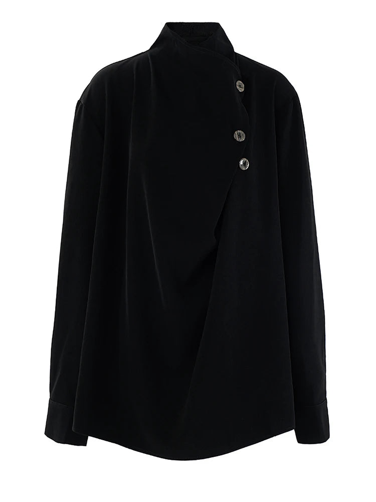 Women Brown Button Irregular Big Size Blouse New Stand Collar Long Sleeve Shirt Fashion Tide Spring Autumn 2025 CPG2111