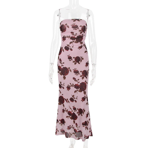 Load image into Gallery viewer, Purple Print Sexy Long Fishtail Dress For Women Robe 2023 New Spaghetti Strap Sleeveless Backless Ruched Maxi Dress
