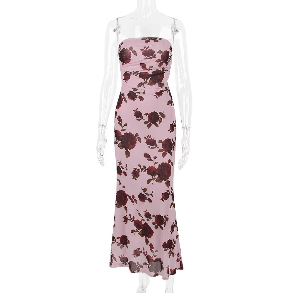 Purple Print Sexy Long Fishtail Dress For Women Robe 2023 New Spaghetti Strap Sleeveless Backless Ruched Maxi Dress