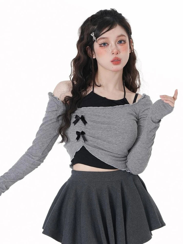 2025 Autumn New Slim Two Pieces Set Women Grunge Knitted Pleated Bow Tops + Sleeveless Halter Solid Vest Y2k Aesthetic Fashion