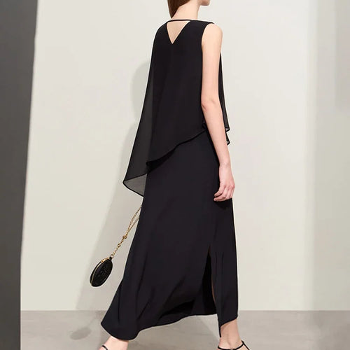 Minimalism 2024 Women Dresses Summer New Vacation Style V-neck Spliced Chiffon Female Sleeveless Loose Dress 12452102