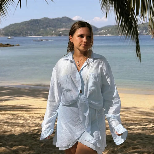 Load image into Gallery viewer, Summer Beach Two Piece Sets Women Long Sleeve Shirt And Mini Skirt Female See Through Loose 2 Piece Set Beachwear
