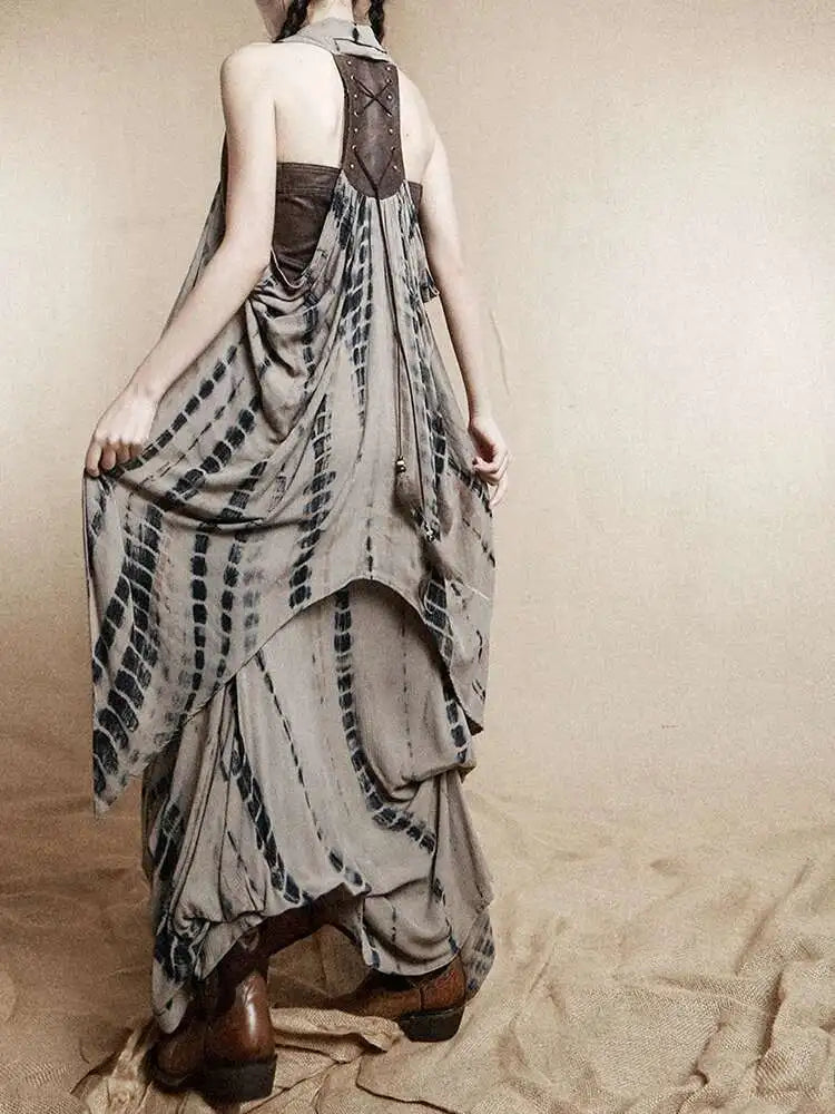 Women Brown Irregular Spliced Tie Dye Vintage Long Strapless Dress New Sleeveless Fashion Tide Spring Autumn 2025 1DH9375