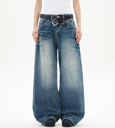 Men's Jeans American Rivet Lightning Denim Pants Solid Color Trendy Washed Straight Leg Stylish Menwear 2025 9W1476