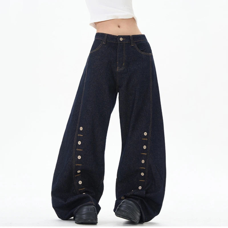 Streetwear Male Jeans Buttonhole Loose Curved Knife Jean Trendy High Street New American Tide Design Wide Leg Men 9W1198