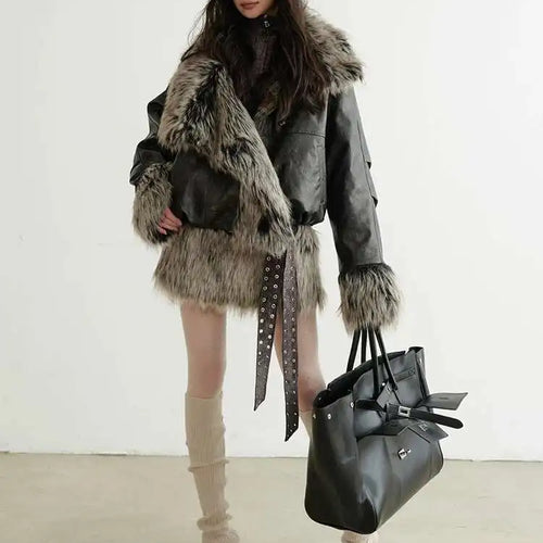 Load image into Gallery viewer, Women Gray Fur Spliced Bandage Elegant Mini Dress New Turtleneck Sleeveless Fashion Tide Spring Autumn 2025 1DH9342
