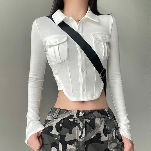 Load image into Gallery viewer, Casual White Knit Ribbed Bodycon Women Blouses Cargo Style Pockets Crop Top Autumn Shirt Slim Korean T-shirts Outfits

