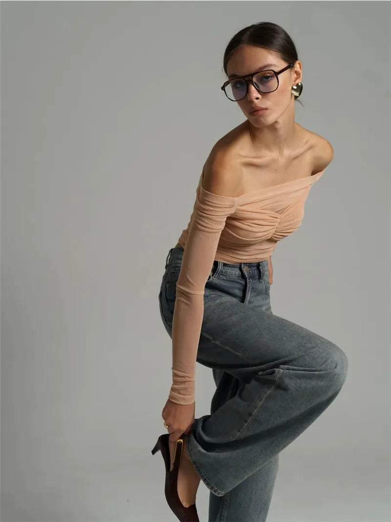Summer Mesh Off-shoulder T-shirt Women Fashion Pleated Bust Backless Tees Tops Female Elegant Strapless See Through Top