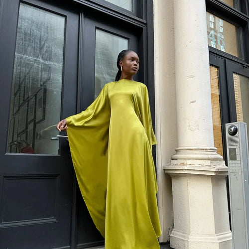 Load image into Gallery viewer, Fashion Satin Long Sleeved Large Opening Long Dress Women Slim Round Neck Robe Dress Female Elegant Party Evening Dress
