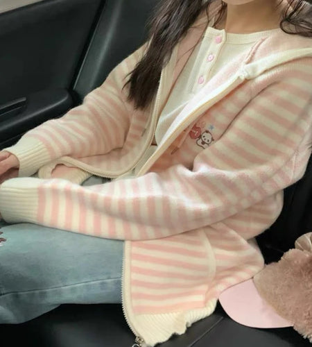 Japanese Sweet Striped Contrast Color Sweaters Knitted Zipper Casual Preppy Cardigans Streetwear Fashion Loose Y2k Hooded Coats