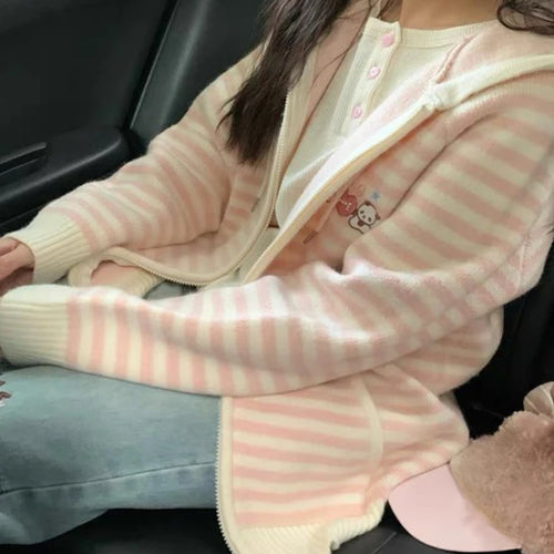 Load image into Gallery viewer, Japanese Sweet Striped Contrast Color Sweaters Knitted Zipper Casual Preppy Cardigans Streetwear Fashion Loose Y2k Hooded Coats

