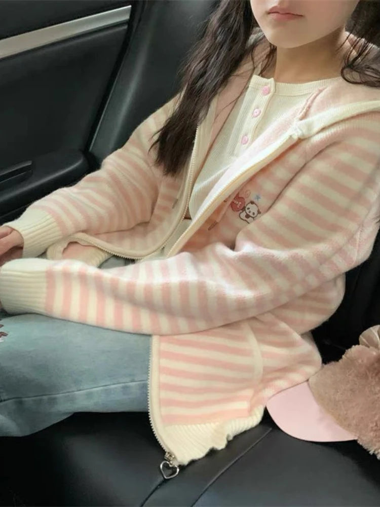 Japanese Sweet Striped Contrast Color Sweaters Knitted Zipper Casual Preppy Cardigans Streetwear Fashion Loose Y2k Hooded Coats