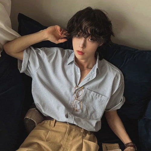 Load image into Gallery viewer, Men&#39;s Shirts New Summer Striped Short Sleeved Loose Male Lapel Casual Single Breasted Shirt Korean Trendy Male Top 9W1621
