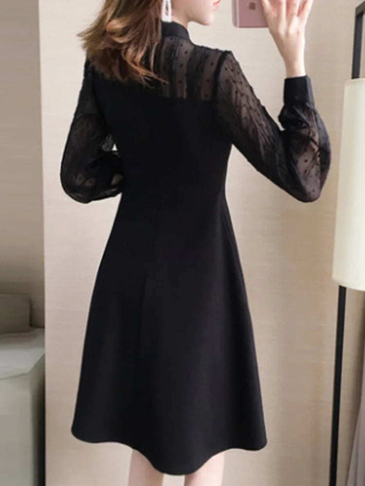 Black Lace Dress Women Vintage Elegant Dot Long Sleeve Mini Short Dresses Evening Party Spring Fashion O-neck