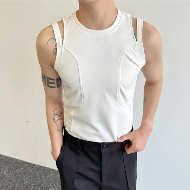 Summer Splicing Design Male Top Solid Color Elastic Tank Top Round Collar Menwear Sexy Style Fashion Tide 9C5940